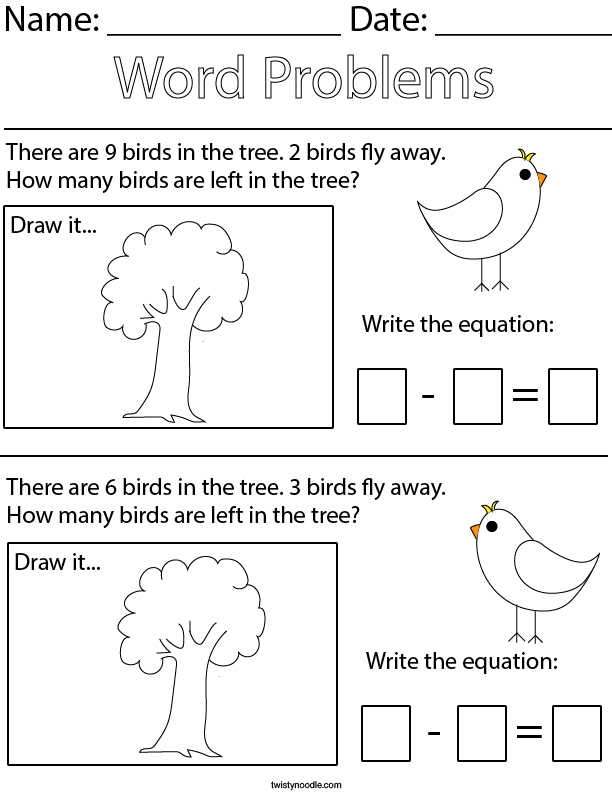 Bird Subtraction Word Problems Math Worksheet - Twisty Noodle